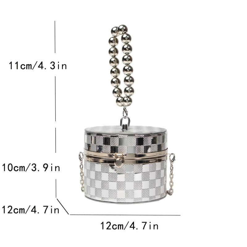 Beaded Handle Box Bag Plaid Pattern Cylinder Purse Chain Crossbody Bag