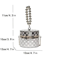 Beaded Handle Box Bag Plaid Pattern Cylinder Purse Chain Crossbody Bag