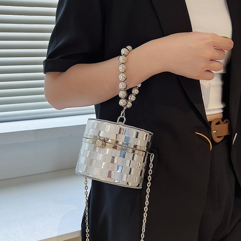 Beaded Handle Box Bag Plaid Pattern Cylinder Purse Chain Crossbody Bag