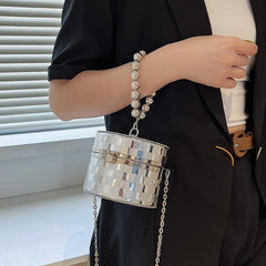 Beaded Handle Box Bag Plaid Pattern Cylinder Purse Chain Crossbody Bag