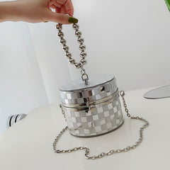 Beaded Handle Box Bag Plaid Pattern Cylinder Purse Chain Crossbody Bag