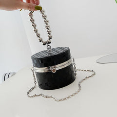 Beaded Handle Box Bag Plaid Pattern Cylinder Purse Chain Crossbody Bag