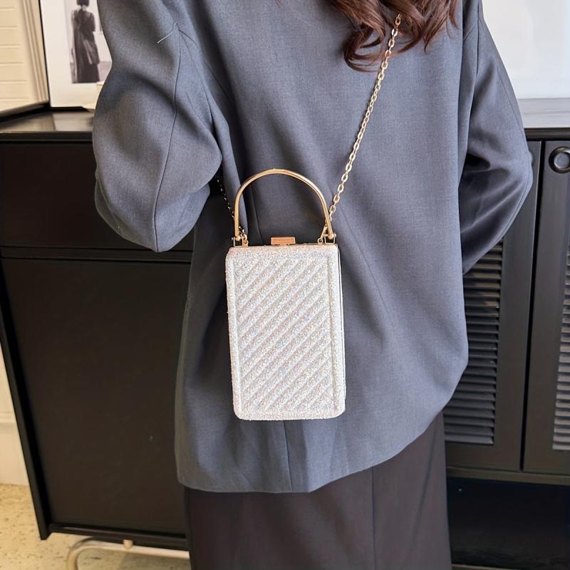 Glitter Metal Chain Handbag PU Leather Frame Purse Evening Bag
