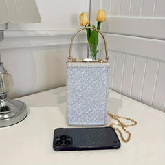 Glitter Metal Chain Handbag PU Leather Frame Purse Evening Bag