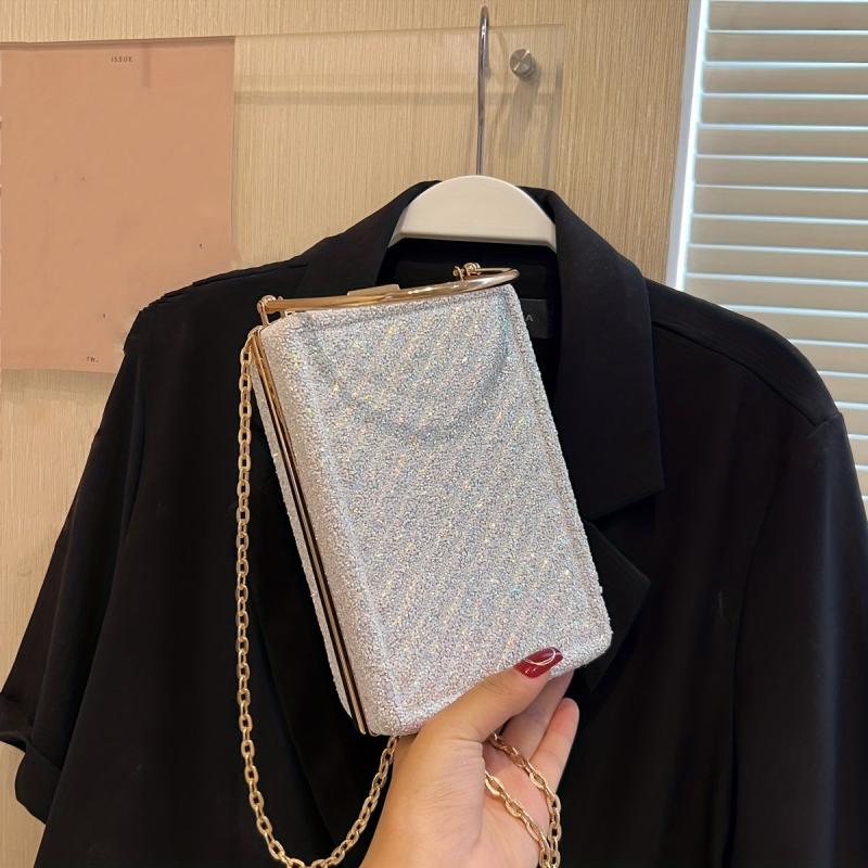 Glitter Metal Chain Handbag PU Leather Frame Purse Evening Bag