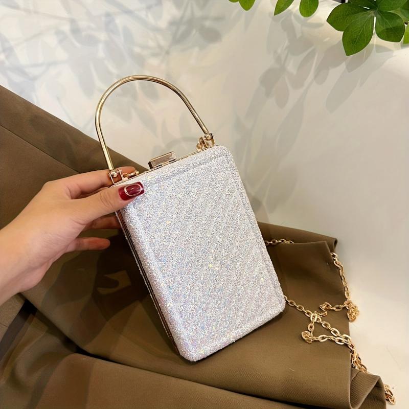 Glitter Metal Chain Handbag PU Leather Frame Purse Evening Bag