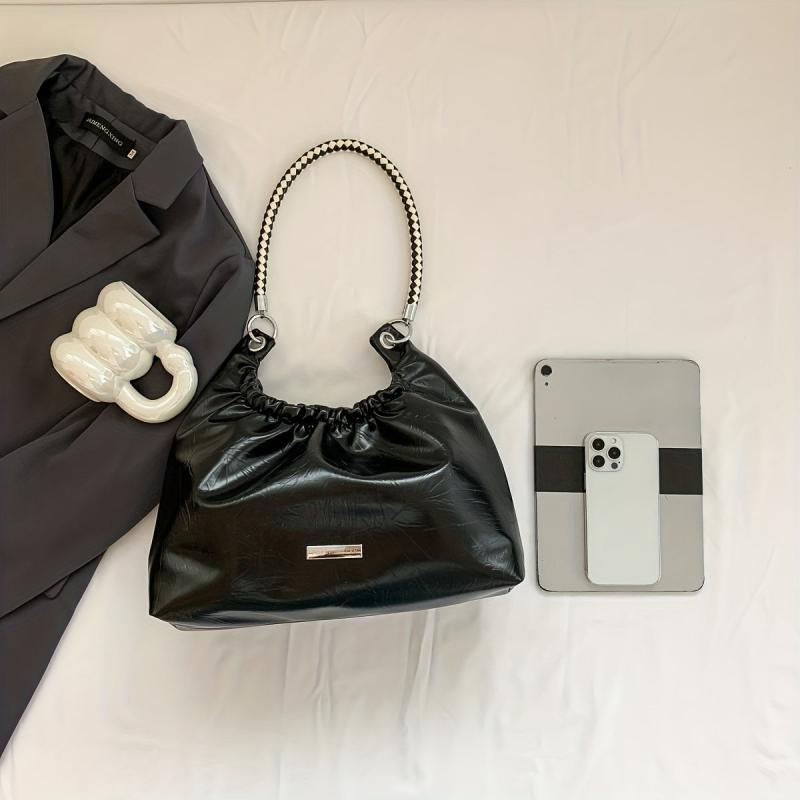 Glossy Pleated Large Capacity Tote Bag PU Leather Textured Shoulder Bag