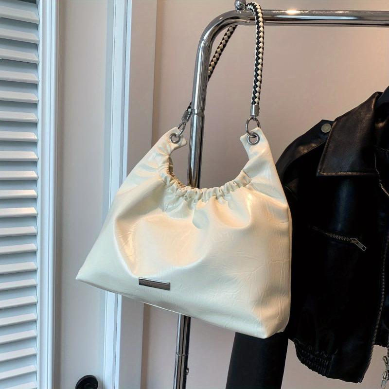 Glossy Pleated Large Capacity Tote Bag PU Leather Textured Shoulder Bag