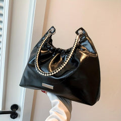 Glossy Pleated Large Capacity Tote Bag PU Leather Textured Shoulder Bag