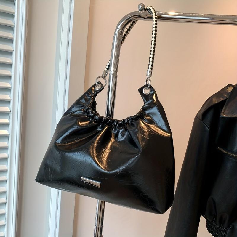 Glossy Pleated Large Capacity Tote Bag PU Leather Textured Shoulder Bag