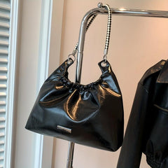 Glossy Pleated Large Capacity Tote Bag PU Leather Textured Shoulder Bag