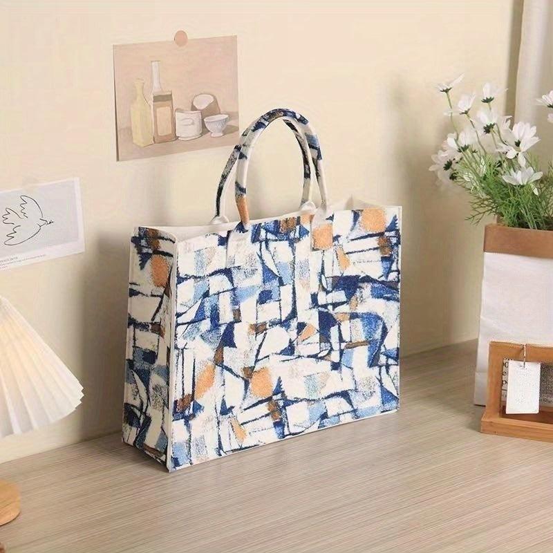 Plaid Handbag Large Capacity Tote Bag Cartoon Printed Felt Bag