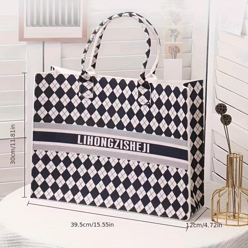 Plaid Handbag Large Capacity Tote Bag Cartoon Printed Felt Bag