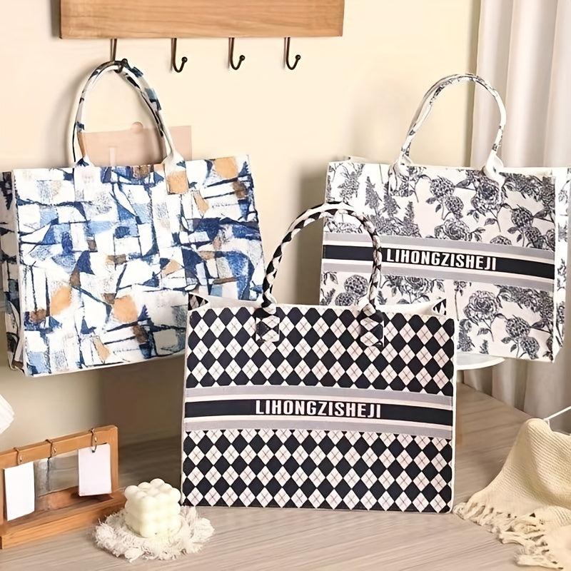 Plaid Handbag Large Capacity Tote Bag Cartoon Printed Felt Bag