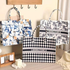 Plaid Handbag Large Capacity Tote Bag Cartoon Printed Felt Bag