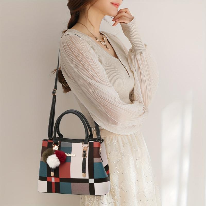 Plaid Crossbody Bag PU Leather Textured Shoulder Bag