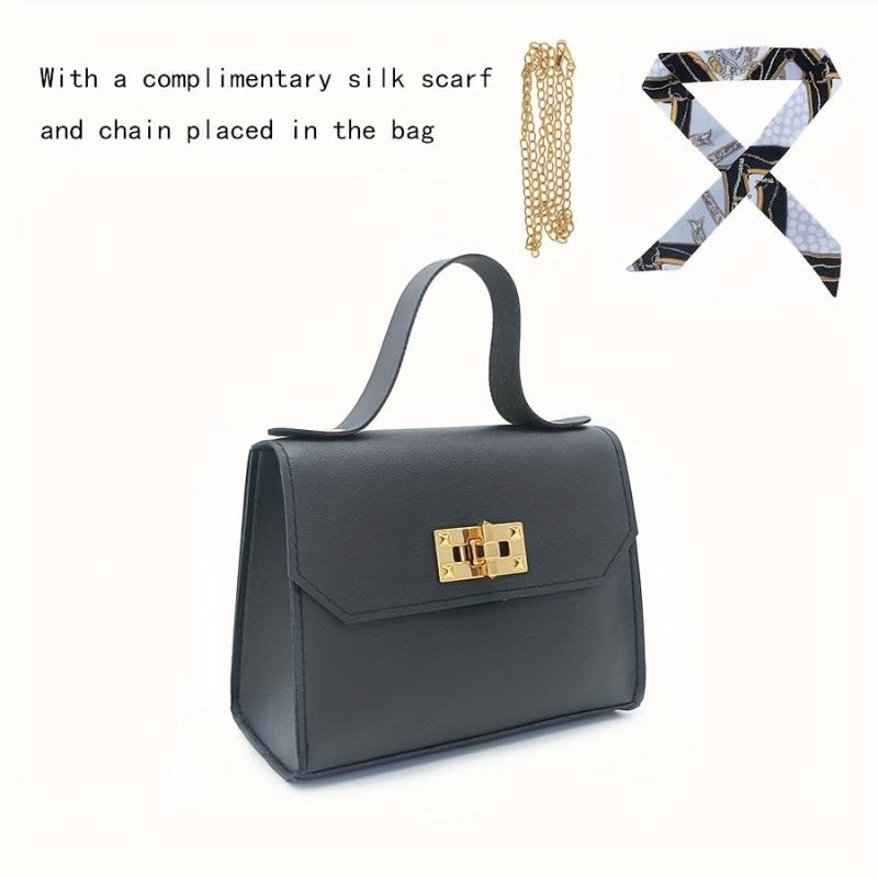 Solid Square Bag Turn Lock Satchel Small Shoulder Bag