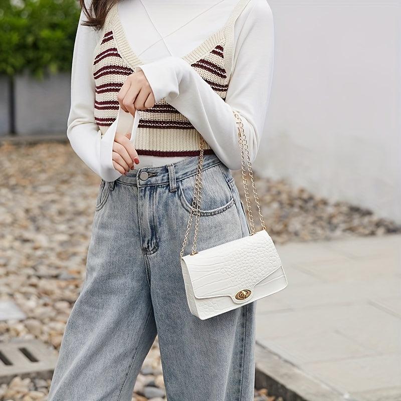 Crocodile Embossed Bag Turn Lock Shoulder Chain Bag