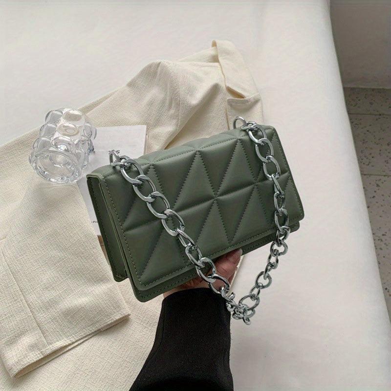 Triangle Pattern Metal Chain Underarm Bag PU Leather Textured Bag