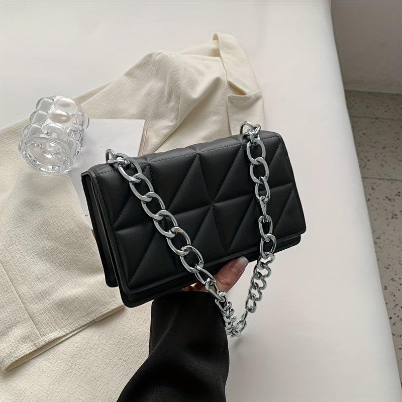 Triangle Pattern Metal Chain Underarm Bag PU Leather Textured Bag