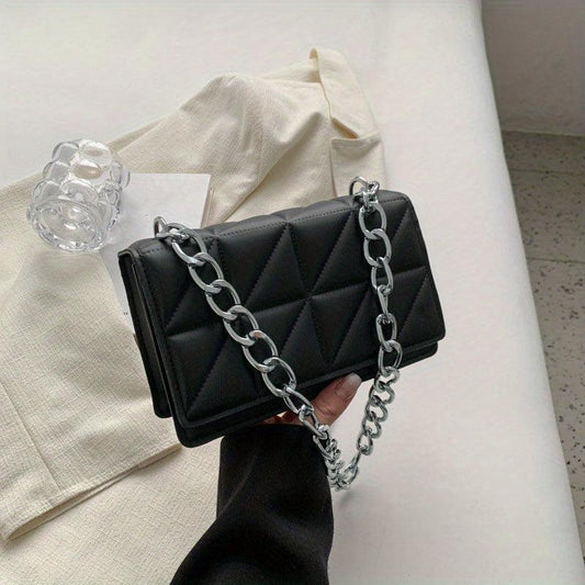 Triangle Pattern Metal Chain Underarm Bag PU Leather Textured Bag