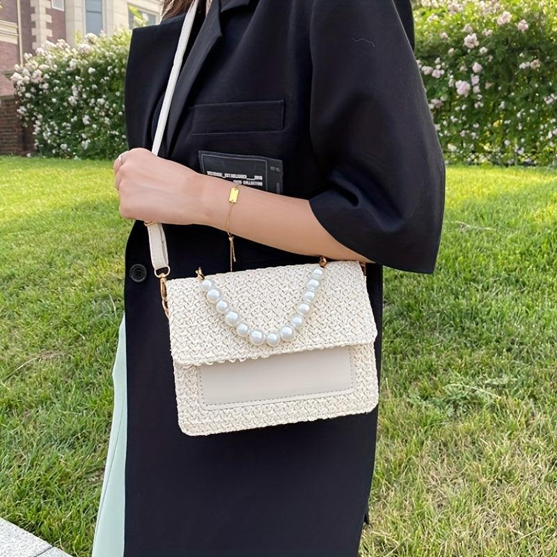 Woven Crossbody Bag w/ Faux Pearl Handle - Boho Style Shoulder Bag