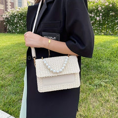 Woven Crossbody Bag w/ Faux Pearl Handle - Boho Style Shoulder Bag