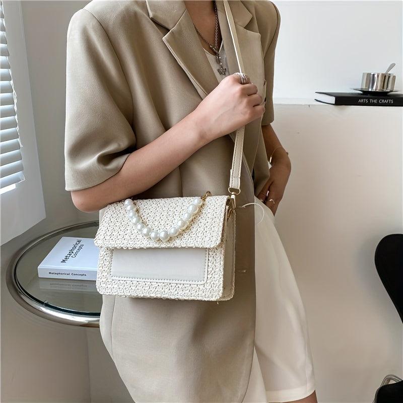 Woven Crossbody Bag w/ Faux Pearl Handle - Boho Style Shoulder Bag