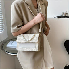Woven Crossbody Bag w/ Faux Pearl Handle - Boho Style Shoulder Bag