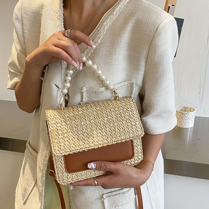 Woven Crossbody Bag w/ Faux Pearl Handle - Boho Style Shoulder Bag