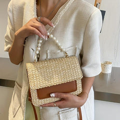 Woven Crossbody Bag w/ Faux Pearl Handle - Boho Style Shoulder Bag
