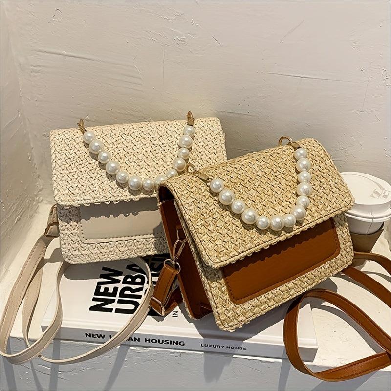 Woven Crossbody Bag w/ Faux Pearl Handle - Boho Style Shoulder Bag
