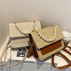 Woven Crossbody Bag w/ Faux Pearl Handle - Boho Style Shoulder Bag
