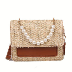 Woven Crossbody Bag w/ Faux Pearl Handle - Boho Style Shoulder Bag