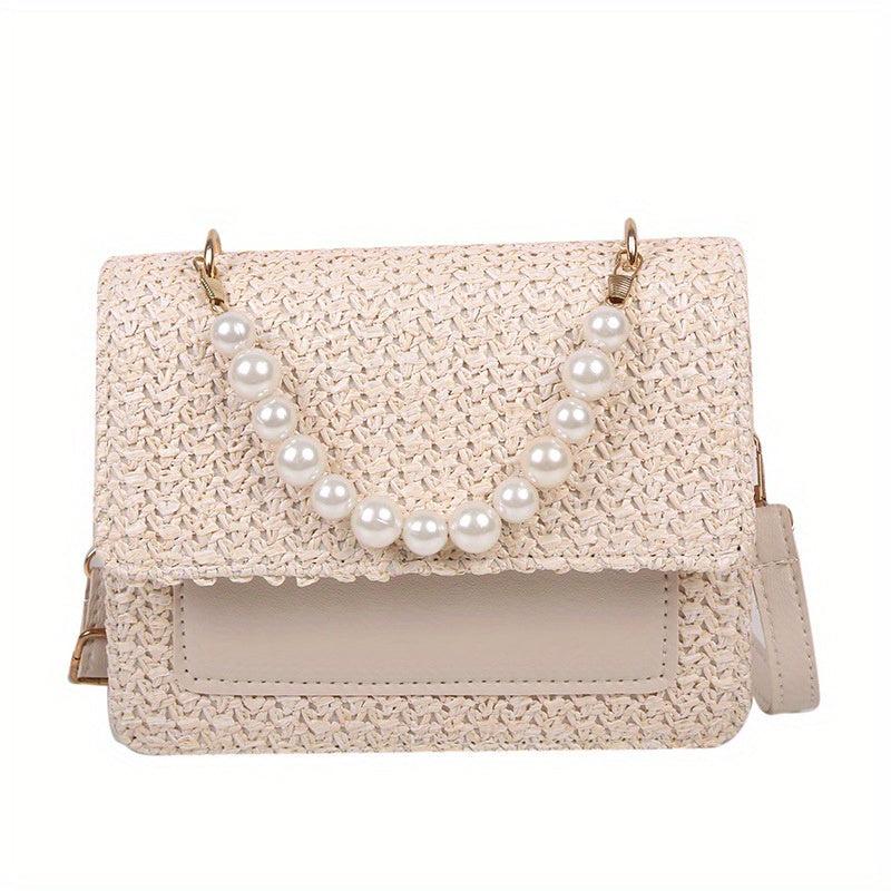 Woven Crossbody Bag w/ Faux Pearl Handle - Boho Style Shoulder Bag