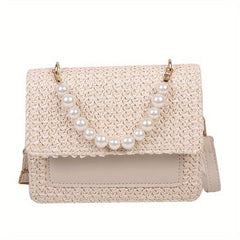 Woven Crossbody Bag w/ Faux Pearl Handle - Boho Style Shoulder Bag