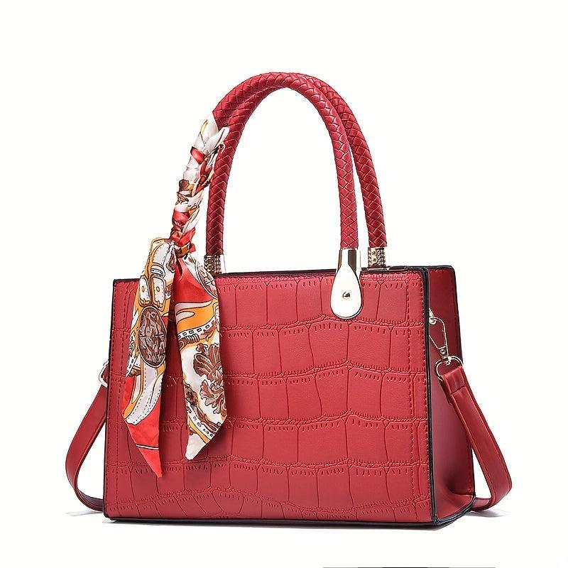 Crocodile Embossed Handbag Scarf Decor Tote Bag Satchel Purse