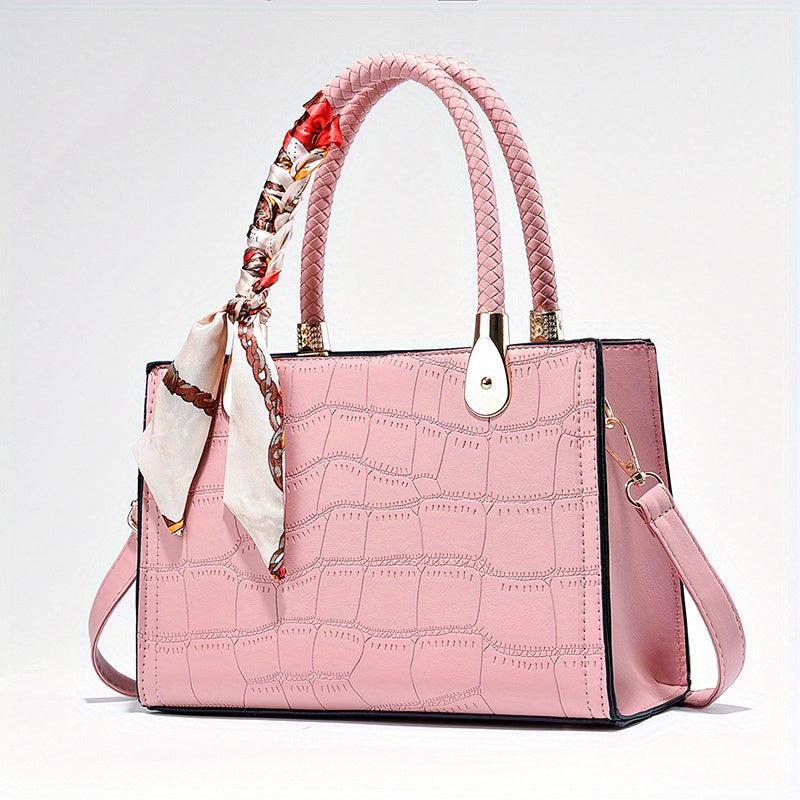 Crocodile Embossed Handbag Scarf Decor Tote Bag Satchel Purse