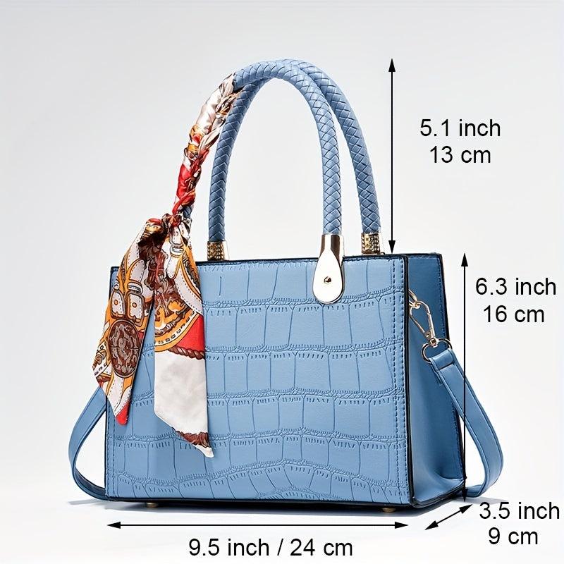 Crocodile Embossed Handbag Scarf Decor Tote Bag Satchel Purse