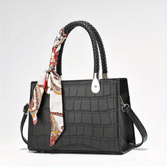 Crocodile Embossed Handbag Scarf Decor Tote Bag Satchel Purse