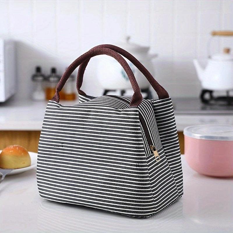 Insulated Lunch Tote Bag Stripe Pattern Handbag Portable Picnic Bag