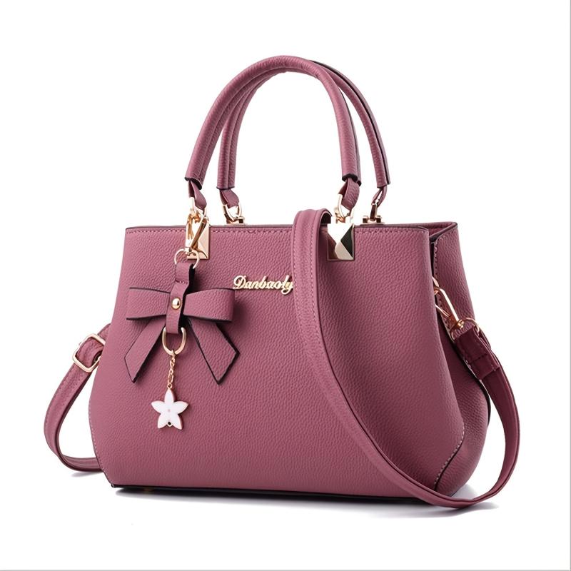 Solid Bow Shoulder Bag Faux Leather Textured Satchel Bag
