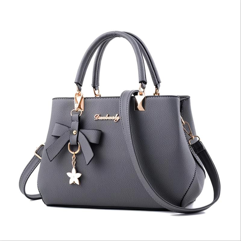 Solid Bow Shoulder Bag Faux Leather Textured Satchel Bag