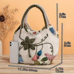 Embroidered Floral HandBag Woven Strap Zipper Tote Ethnic Style Purses