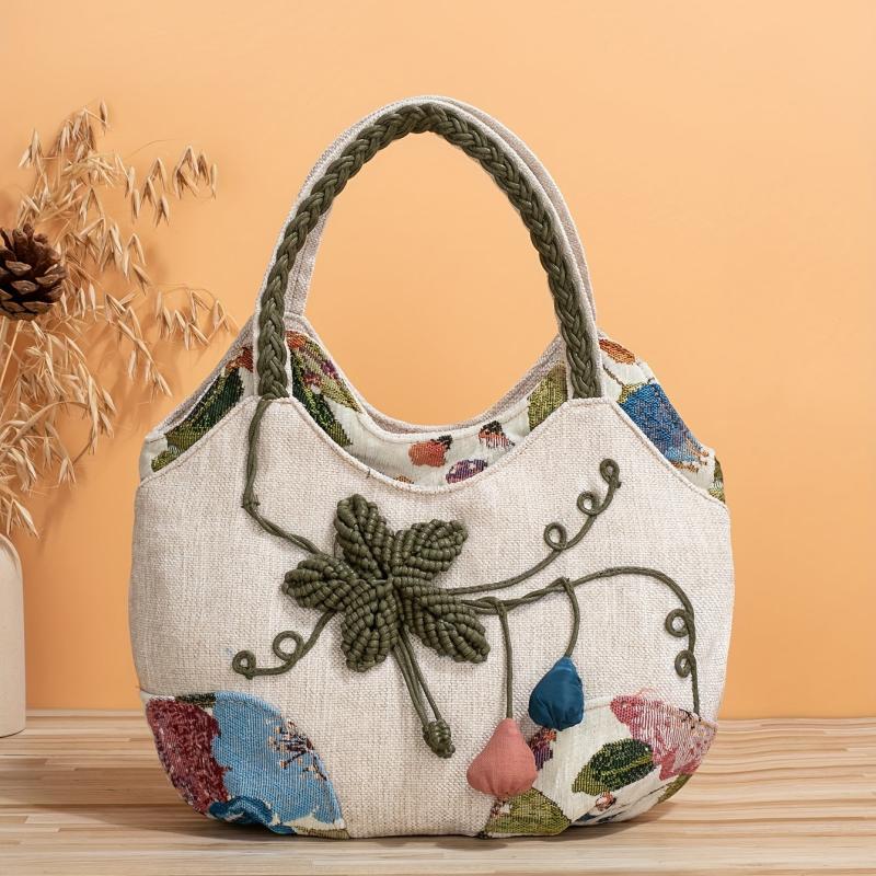 Embroidered Floral HandBag Woven Strap Zipper Tote Ethnic Style Purses