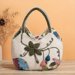 Embroidered Floral HandBag Woven Strap Zipper Tote Ethnic Style Purses