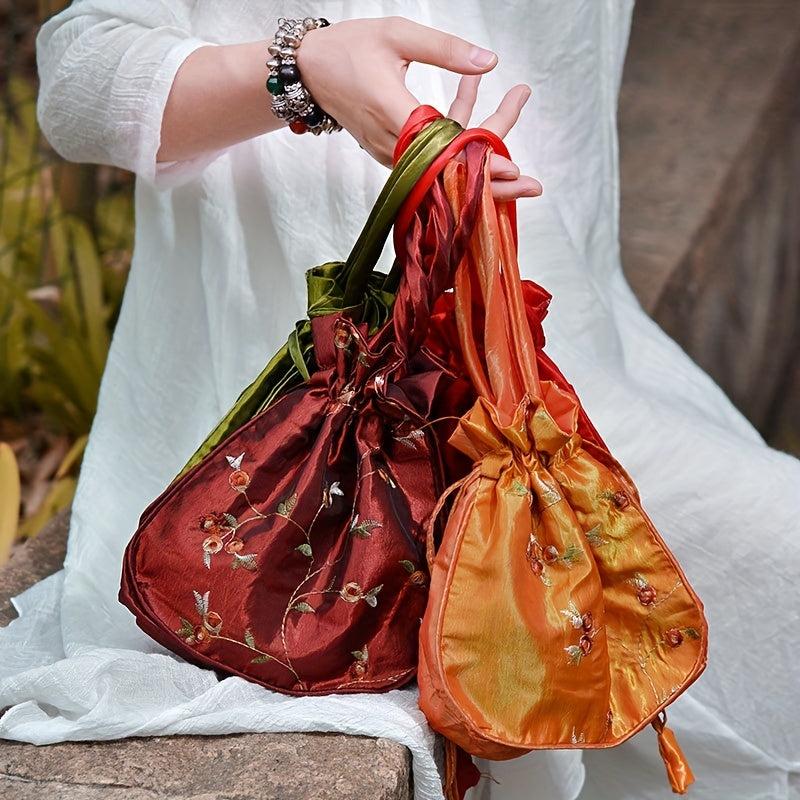 Ethnic Style Bucket Bag Lotus Purse Flower Embroidery Handbag