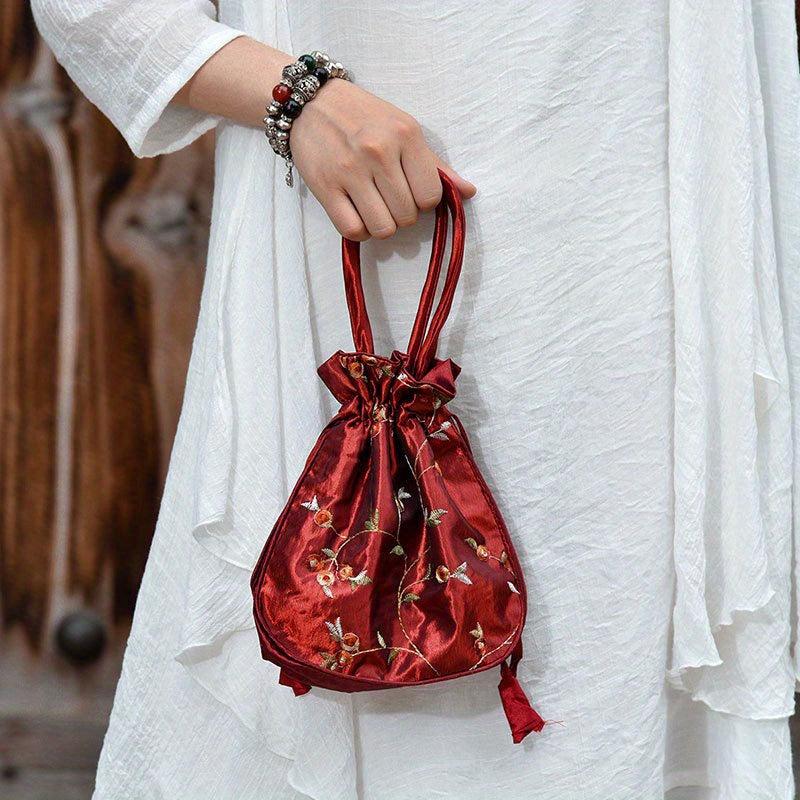 Ethnic Style Bucket Bag Lotus Purse Flower Embroidery Handbag
