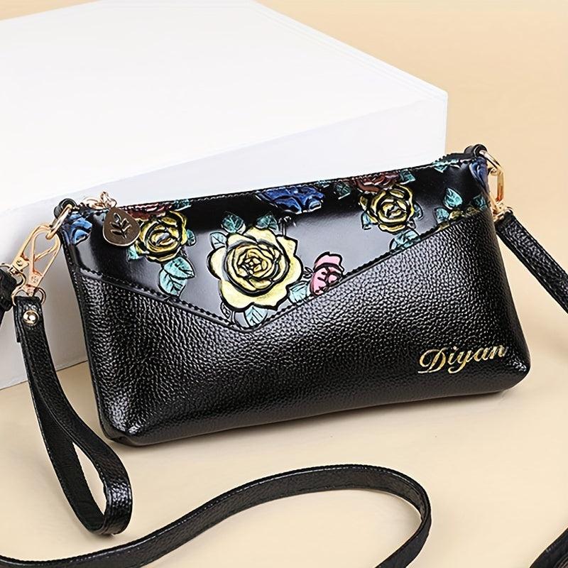 Retro Flower Embossed Shoulderbag Classic Crossbody Zipper Bag