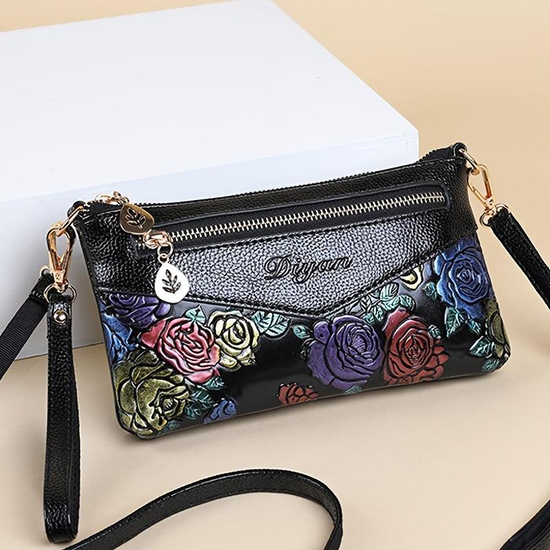 Retro Flower Embossed Shoulderbag Classic Crossbody Zipper Bag